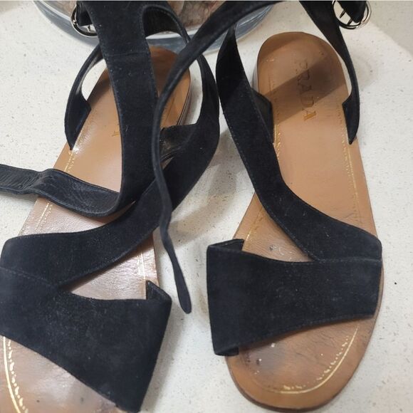 PRADA Suede Ankle Wrap T-Strap Sandals Womens Black 36 Flat Gladiator Strappy - Picture 2 of 7